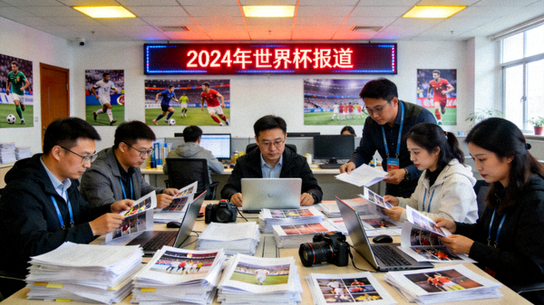 体育新闻编辑部内记者正在整理赛事稿件与图片素材